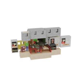 3D модель миниатюрной диорамы магазина с двумя фигурками, красным столом и текстурированным фасадом здания на песчаном основа