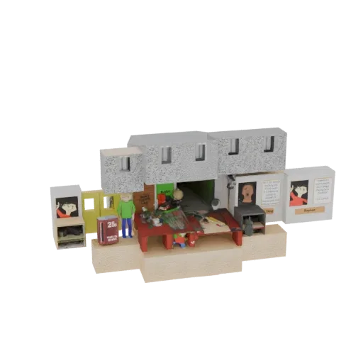 3D модель миниатюрной диорамы магазина с двумя фигурками, красным столом и текстурированным фасадом здания на песчаном основа