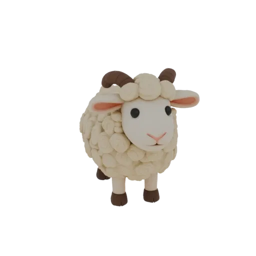 3D модель овечки, слепленной из глины, с кудрявой шерстью и коричневыми рожками, на белом фоне.