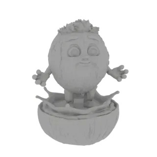 3D модель милого мультяшного кокоса с волосами из листьев, радостно брызгающегося в кокосовой скорлупе с разлетающимися брызг
