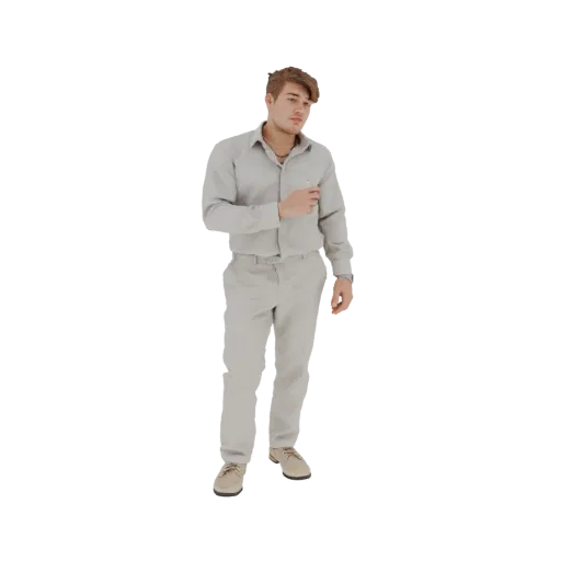 3D модель молодого человека с каштановыми волосами в светло-серой рубашке и брюках, стоящего в расслабленной позе.
