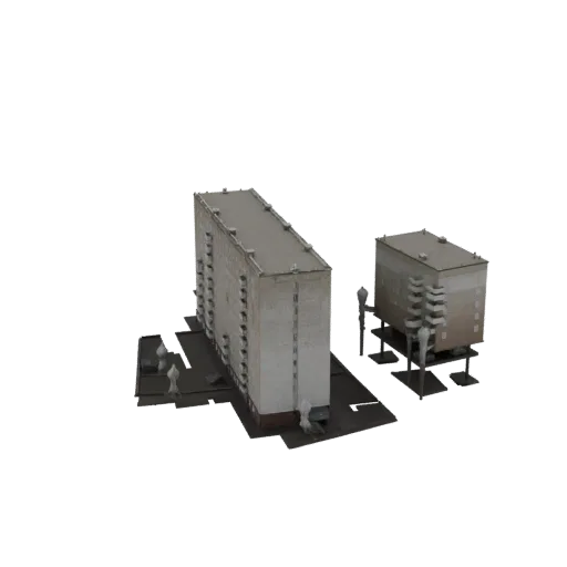 3D модель двух советских многоквартирных домов, один длинный и многоэтажный, другой меньше и компактный, на белом фоне.