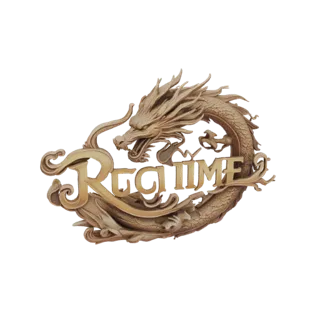 3D модель золотого дракона, обвивающего текстовый логотип 'Reg Time', с детализированной чешуей и металлическим покрытием.