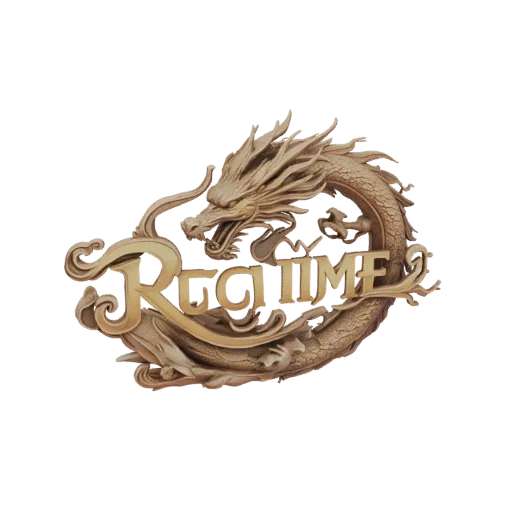 3D модель золотого дракона, обвивающего текстовый логотип 'Reg Time', с детализированной чешуей и металлическим покрытием.