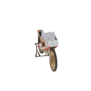 Вид спереди 3D модели винтажного гоночного мотоцикла с белым и оранжевым обтекателем, на черной подставке.