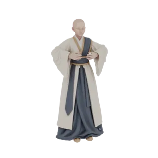 3D model of a bald monk wearing traditional cream and blue robes with a gold sash, standing with hands clasped.