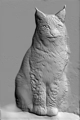 3D-модель барельефа рыси, сидящей в профиль, с детализированной шерстью и выразительными глазами