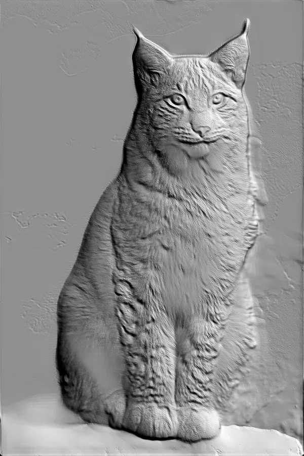 3D-модель барельефа рыси, сидящей в профиль, с детализированной шерстью и выразительными глазами