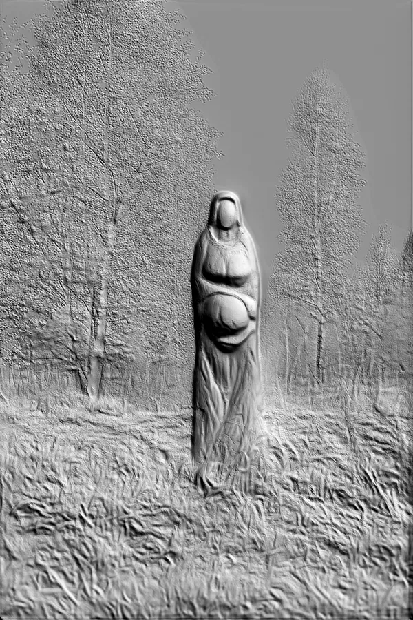 3D модель барельефа беременной женщины, стоящей в лесу, с детализированной текстурой.