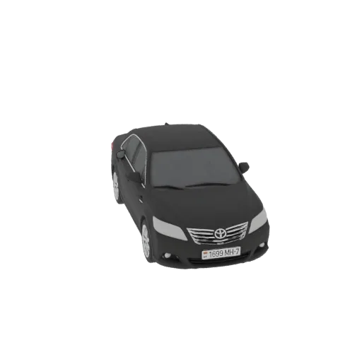 3D модель черного седана Toyota Camry, вид с немного приподнятого передне-правого угла.