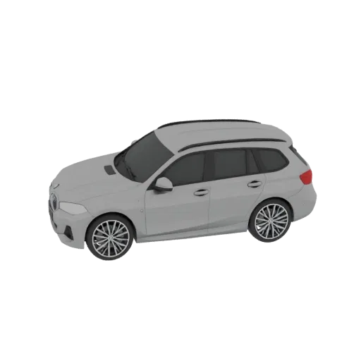 Вид сбоку на светло-серую 3D модель универсала BMW G21 Touring на черном фоне.