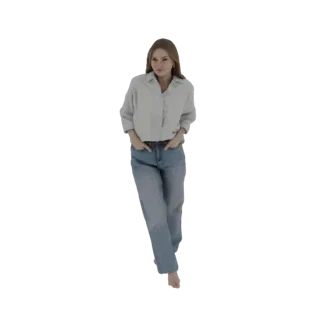 3D-модель молодой женщины с длинными каштановыми волосами, в белой рубашке на пуговицах и синих джинсах, идущей с руками в ка