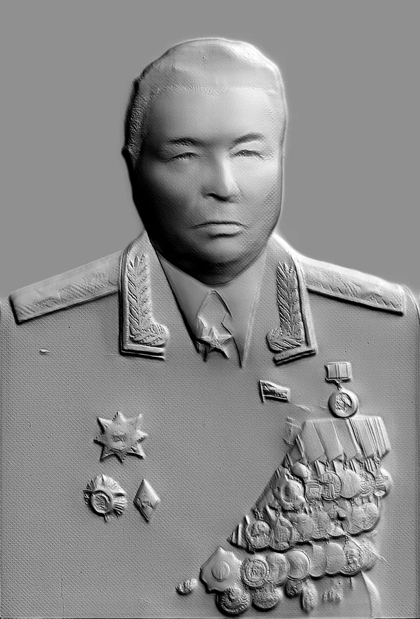 3D модель барельефа маршала в парадной форме с орденами и медалями, вид спереди