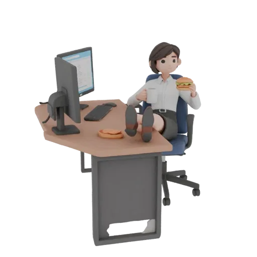 3D модель офисной работницы с короткой стрижкой, сидящей за столом с компьютером, с гамбургером и кружкой.