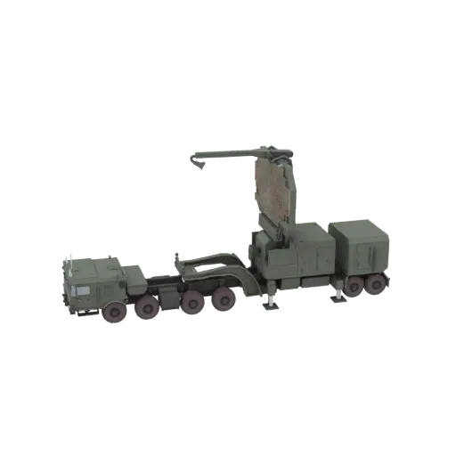 3D модель зеленого военного грузовика с большой антенной радара сзади, представленная на черном фоне.