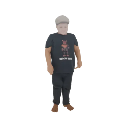 3D модель юного мальчика в темной футболке с принтом и темных штанах, стоящего на белом фоне.