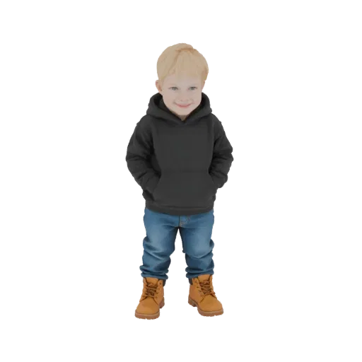 3D модель мальчика со светлыми волосами, в черной толстовке, синих джинсах и коричневых ботинках, стоит, засунув руки в карма
