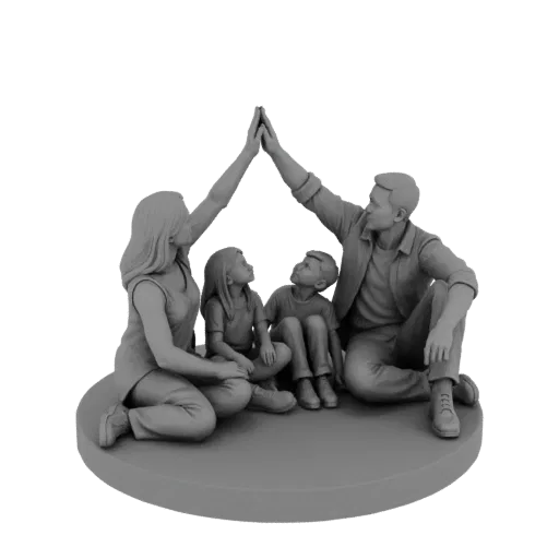 3D модель семьи из четырех человек, сидящих в кругу, с родителями, дающими "пять", образуя крышу над детьми.