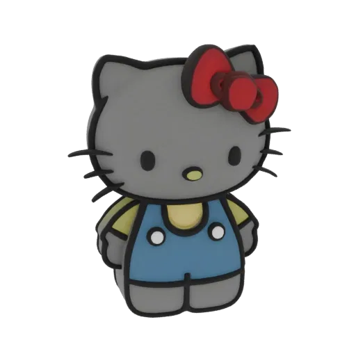 3D модель Hello Kitty в синем комбинезоне и желтой рубашке, с красным бантом на голове.