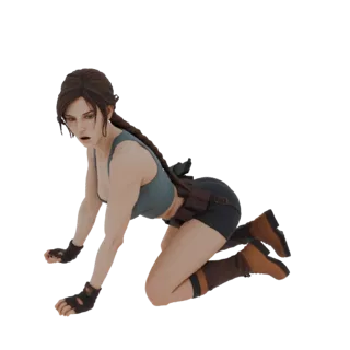 3D-модель Лары Крофт из Tomb Raider, в присевшей позе действия в культовом наряде и с косой.