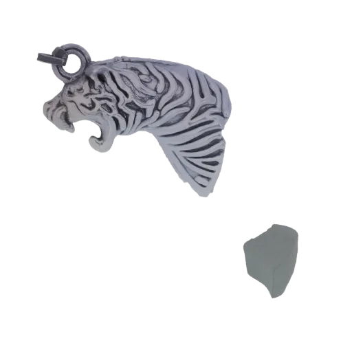 Рендер 3D модели свирепого кулона в виде головы тигра с детализированными полосами и открытой пастью на белом фоне.