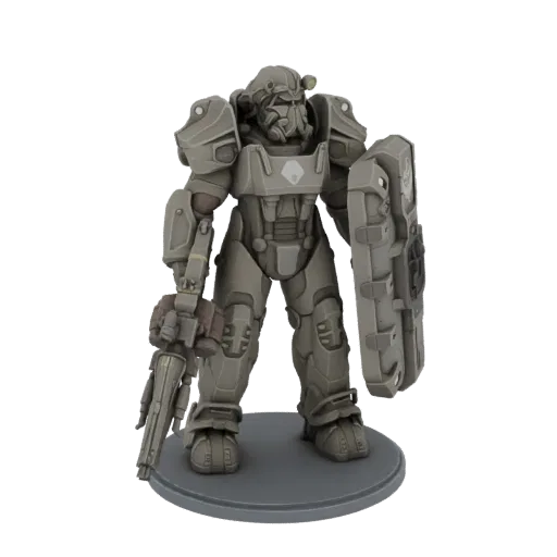 3D модель фигуры силовой брони Т-45 из Fallout с винтовкой и щитом, стоящая на подставке.