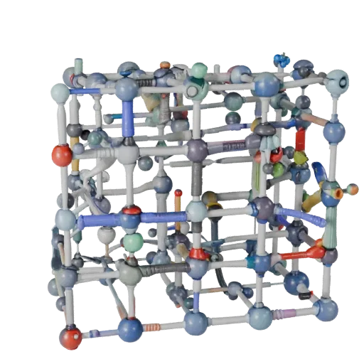 Стилизованная 3D-модель кристаллической решетки белка, стилизованный изометрический рендер, показывающий цветные сферы, компо