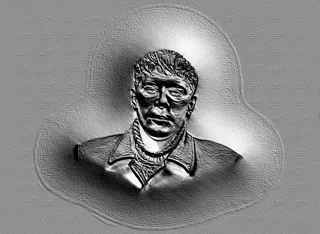 3D модель барельефа мужчины в пальто и шарфе, выполненная в стиле гравюры, с выразительными чертами лица и текстурой.