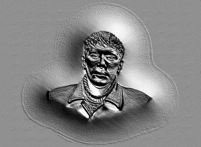 3D модель барельефа мужчины в пальто и шарфе, выполненная в стиле гравюры, с выразительными чертами лица и текстурой.
