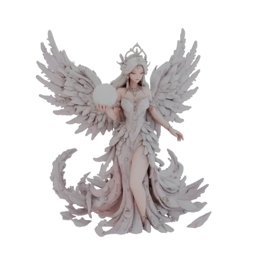 3D модель изящного женского духа феникса, Эфирного Хрустального Феникса-Хранителя, с переливающимися перьями и крыльями, держ