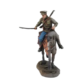 3D модель казачьего кавалериста в форме, с саблей, верхом на коне на скалистом основании.