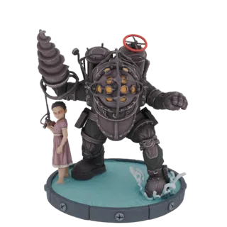 3D модель Большого Папочки и Маленькой Сестрички из Bioshock, стоящих на подставке-диораме с эффектами воды.