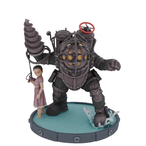 3D модель Большого Папочки и Маленькой Сестрички из Bioshock, стоящих на подставке-диораме с эффектами воды.