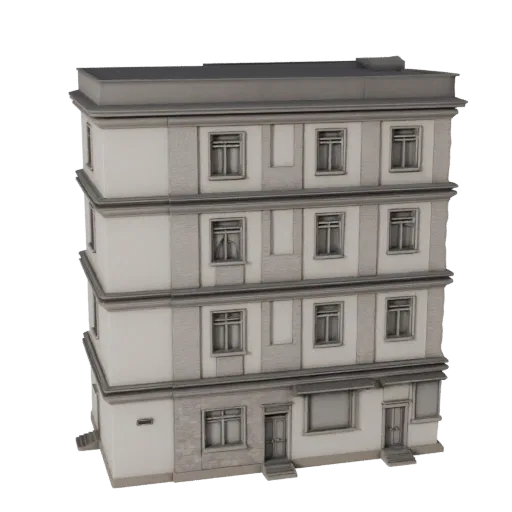 Печатная модель дуплекса STL 3D, изометрический вид, показывающий материалы жилого здания и архитектурные детали