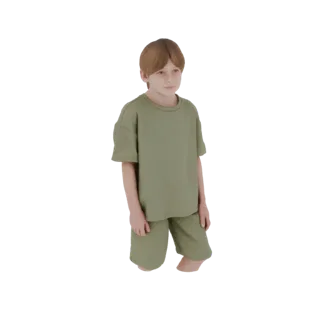 3D модель мальчика со светло-каштановыми волосами, в зеленой футболке и шортах, стоящего и смотрящего немного в сторону.