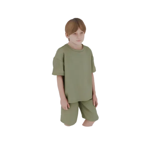 3D модель мальчика со светло-каштановыми волосами, в зеленой футболке и шортах, стоящего и смотрящего немного в сторону.