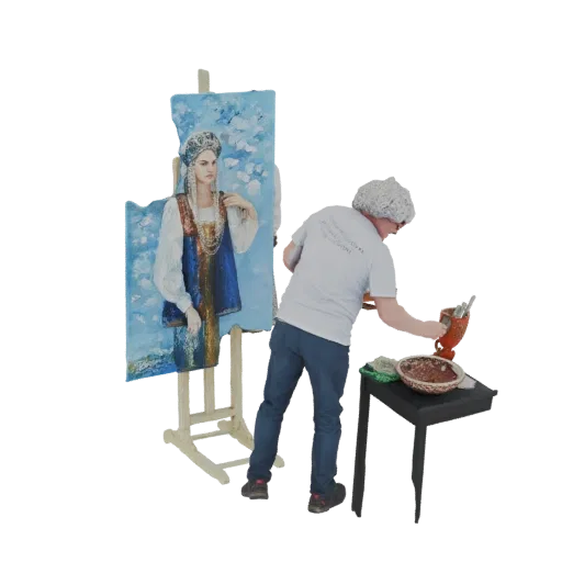 3D модель художника, рисующего портрет на мольберте, со столиком принадлежностей рядом.