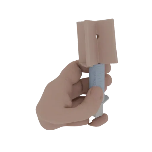 3D рендер руки, держащей медицинский шприц с бежевым держателем, с четкими объемными метками.