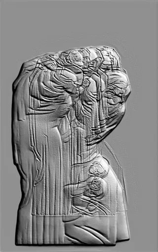 3D модель барельефа "Семья" с младенцем, изображающая нежную сцену семейного счастья в классическом стиле.