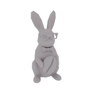 3D модель серого кролика с низким количеством полигонов, в очках и бабочке, держащего кофейное зерно.