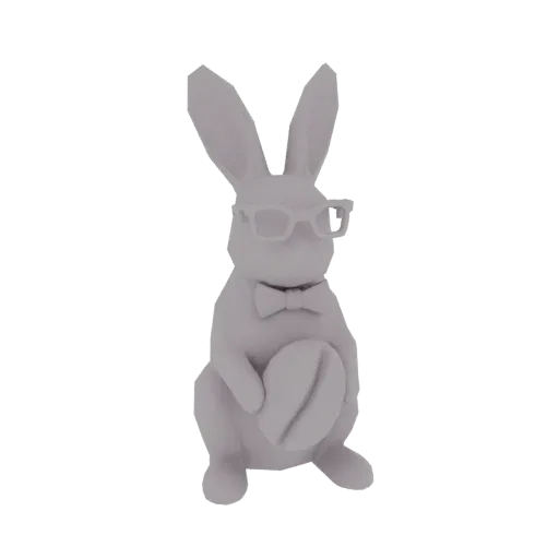 3D модель серого кролика с низким количеством полигонов, в очках и бабочке, держащего кофейное зерно.