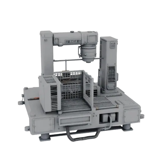 Печатаемая 3D-модель ячейки инспекционного робота, изометрический рендер STL, показывающий окрашенную сталь, машинные станции