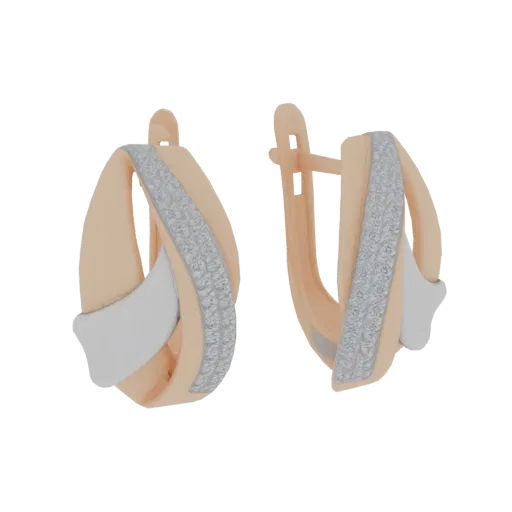 3D модель двухцветных серег-конго с бриллиантами, демонстрирующая оттенки розового золота и серебра.