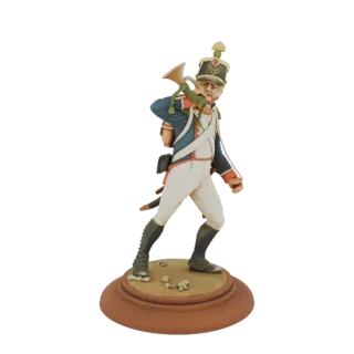 3D model of a Napoleonic era soldier playing a bugle, wearing a blue uniform and white pants, standing on a textured base.