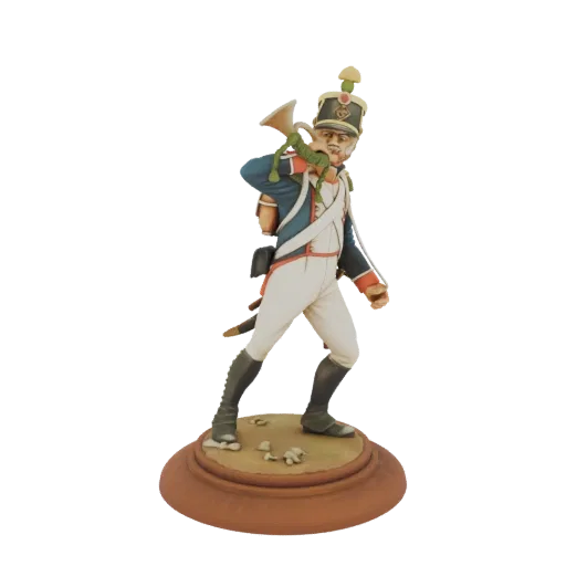 3D model of a Napoleonic era soldier playing a bugle, wearing a blue uniform and white pants, standing on a textured base.