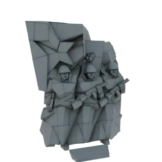 3D модель памятника, изображающая трех советских солдат в наступлении, с видной звездой позади них.