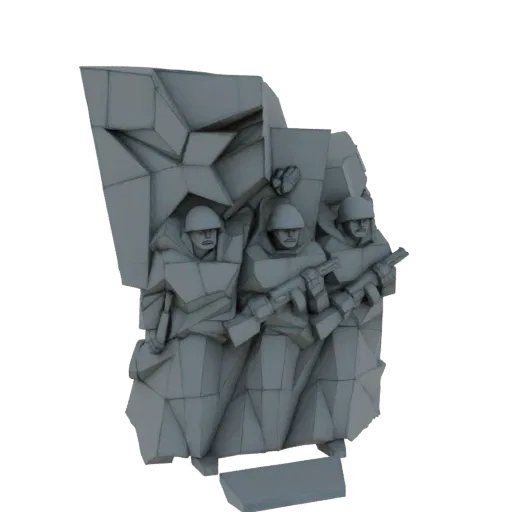 3D модель памятника, изображающая трех советских солдат в наступлении, с видной звездой позади них.