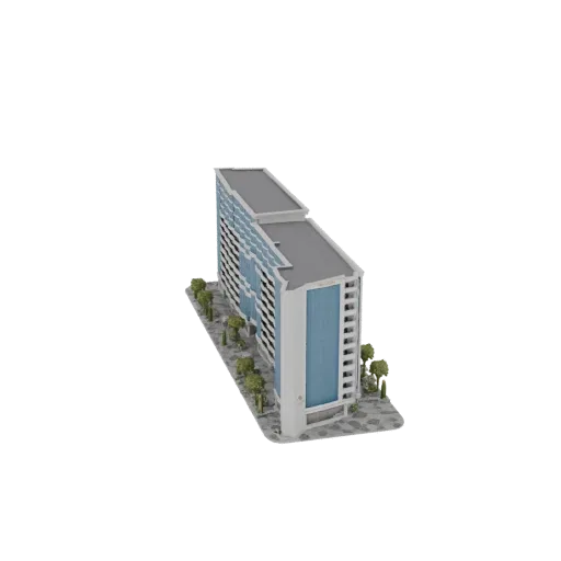 3D модель современного офисного здания с синими стеклянными окнами и белым фасадом на черном фоне.