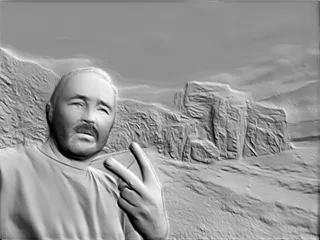 3D модель барельефа мужчины, показывающего знак победы рукой, на фоне горного пейзажа