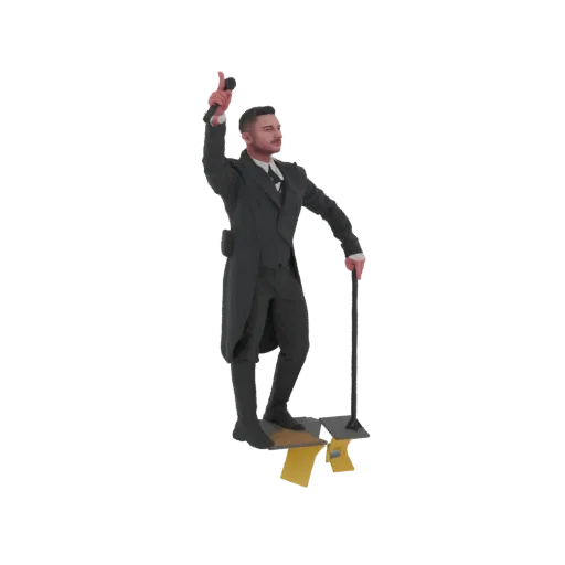 3D модель викторианского конферансье в темном костюме, с микрофоном и тростью, стоящий на платформе.